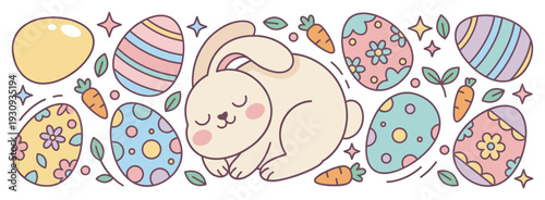 Cute sleeping bunny surrounded by colorful Easter eggs and carrots, creating a charming spring holiday design.