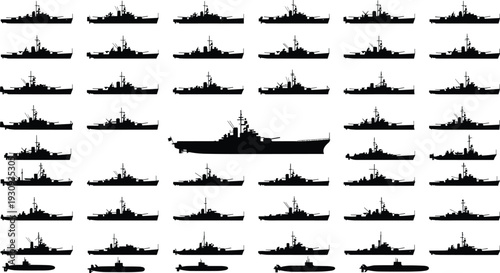 Naval warship and submarine silhouettes collection with aircraft carrier, military navy fleet vessels isolated on white background vector illustration set