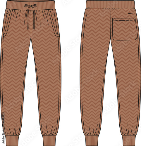 Brown jogger pants mockup front and back view, patterned sweatpants template with pocket detail, realistic sportswear apparel design