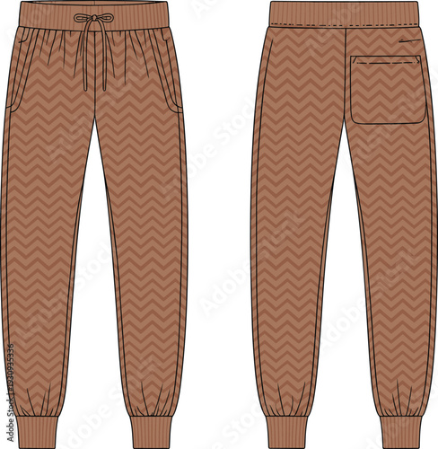 Brown patterned jogger pants mockup front and back view, sweatpants template with pocket detail, realistic sportswear apparel design