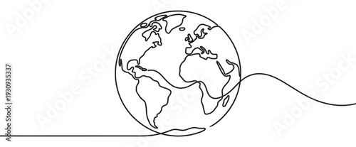 Continuous line drawing of Earth globe with visible continents symbolizing global connection, unity, and environmental sustainability.