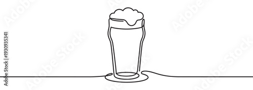 Continuous line drawing beer glass with foamy beverage illustration in a minimalist artistic style for pub and bar designs.