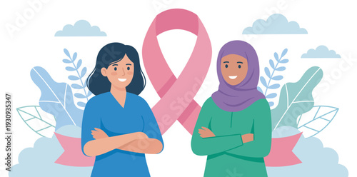 Two diverse women stand together supporting breast cancer awareness with a large pink ribbon, symbolizing hope and solidarity for health.