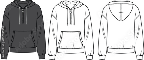 Hoodie mockup collection front and back view, black and white pullover sweatshirt template, realistic apparel design for branding presentation