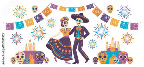 Vibrant Day of the Dead celebration features dancing skeletons, colorful sugar skulls, and traditional festive decorations.