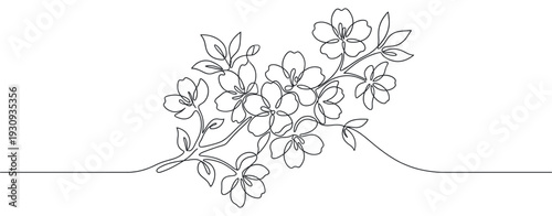 Continuous line art flowering branch with delicate blossoms and leaves creating an elegant botanical illustration for spring.