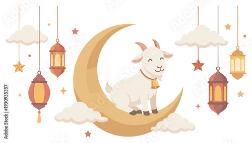 Happy cartoon goat sits on a golden crescent moon surrounded by festive hanging lanterns, fluffy clouds, and twinkling stars.