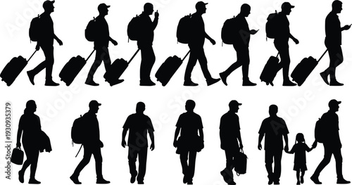 Traveler silhouettes walking with luggage and backpacks, airport passenger people collection isolated on white background, tourism travel concept vector illustration set