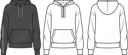 Hoodie mockup set front and back view, black and white pullover sweatshirt template, realistic apparel design for branding presentation
