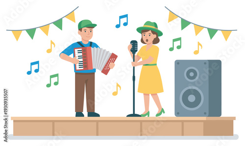 Man and woman performing music together on stage with an accordion, microphone, and speaker under festive bunting.