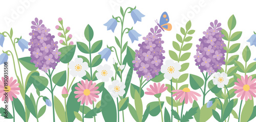 Colorful spring garden flowers and green plants create a beautiful, vibrant horizontal border with a charming butterfly.