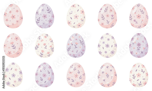 Fifteen pastel Easter eggs decorated with charming floral patterns, perfect for spring holiday celebrations and festive designs.