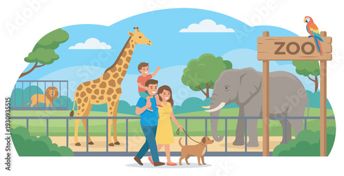 Happy family visiting zoo animals together enjoying a fun day out at the wildlife park, observing various creatures in their habitats.
