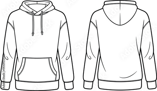 Blank pullover hoodie mockup front and back view, isolated sweatshirt outline template, realistic apparel design for branding and print presentation