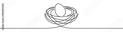 Bird's nest with a single egg, depicted in a minimalist continuous line art style, symbolizing new life and protection.