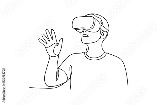 Man Wearing VR Headset One Line Drawing, Minimal Virtual Reality Illustration