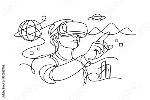 Metaverse Concept One Line Art, VR User with Digital World Continuous Drawing