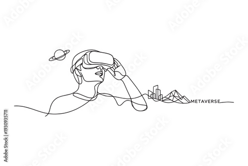 Metaverse VR Headset One Line Illustration, Virtual Reality Concept Outline