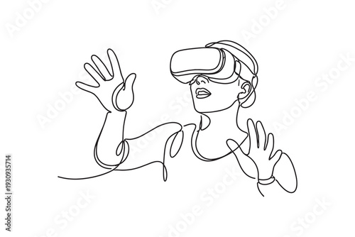 Woman Using Virtual Reality Headset One Line Drawing, Minimal VR Illustration