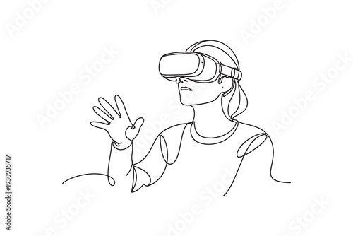 Woman Using Virtual Reality Headset One Line Drawing, Minimal VR Illustration