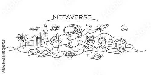 Metaverse One Line Art Collection, Virtual Reality Future Technology Illustration