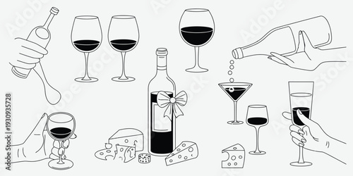 A collection of various glassware and drinkware items displayed in a row isolated on white background, Vector, illustration