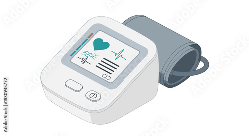 An isometric image of a digital tonometer for measuring blood pressure with a soft white plastic case and a gray fabric cuff. Isolated on a transparent background.