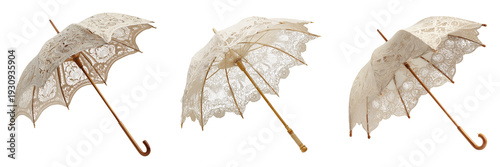 Set of Vintage style lace wedding parasol, adult size 30 inches, intricate hand-stitched lace pattern, open umbrella view from front angle on transparent png background. Ai generated