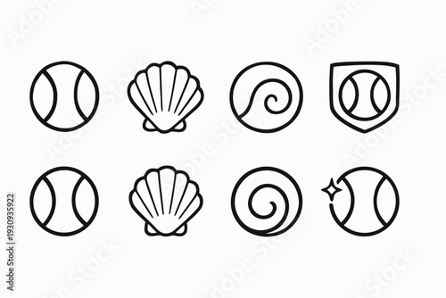 Set of eight black and white icons depicting tennis balls shells waves and shields