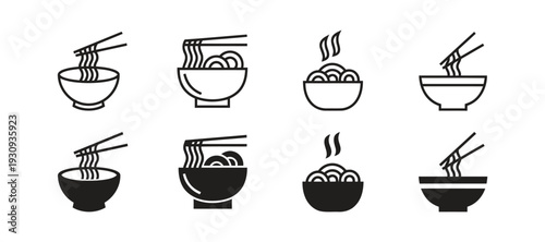 Set of eight simple noodle icons in bowl and take out box for food services