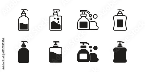 Set of eight soap dispenser icons with liquid and foam for hygiene and cleaning