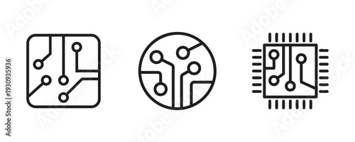 Set of electronic circuit board and chip icons with different shapes and connections