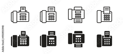 Set of fax machine icons showing different styles and perspectives for business communication
