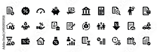 Set of finance and business icons, representing money, banking, loans, and investment