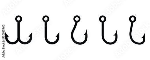 Set of fishing hooks in black outline vector illustration on white background