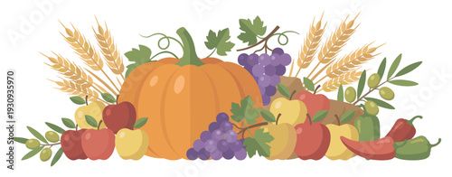 Harvest season produce arrangement featuring a large pumpkin, fresh fruits, vegetables, and golden wheat stalks, symbolizing abundance and gratitude.