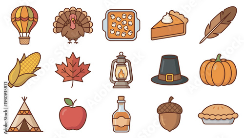 Various autumn Thanksgiving harvest season traditional icons representing seasonal food, symbols, and festive elements for holiday celebrations.