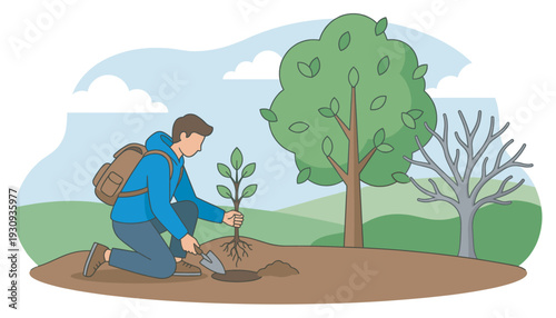 Young man planting a small tree sapling outdoors with a shovel to contribute to environmental conservation and reforestation efforts.