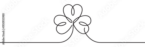 Continuous line drawing of a three-leaf clover with a smooth, flowing artistic style, symbolizing luck, nature, and growth in a simple form.