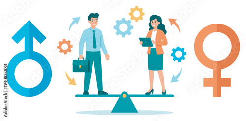 Gender equality concept showing a man and a woman balanced on a seesaw with gears and arrows representing equal opportunities.