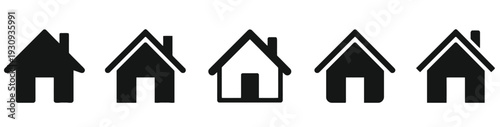 Set of five simple black house icons representing home and real estate