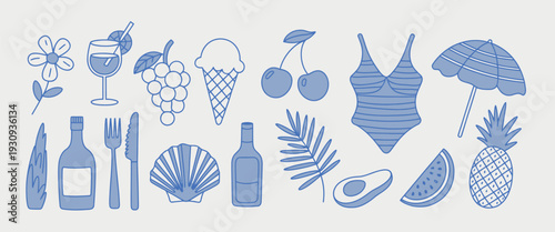 Assorted kitchen utensils and appliances displayed in a row isolated on white background, Vector, illustration