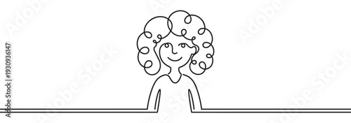 Happy smiling woman with curly hair is drawn in a continuous line art style, representing simplicity and connection.