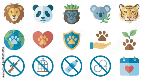 Animal conservation icons illustrating wildlife protection, endangered species, and environmental awareness efforts.