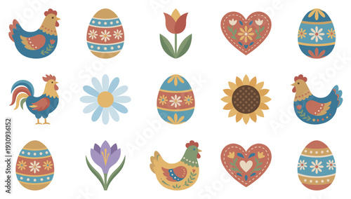 Colorful Easter eggs, chickens, flowers, and hearts create a delightful folk art pattern for spring celebration.