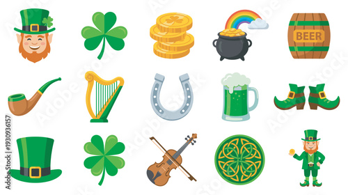 Irish St. Patrick's Day celebration symbols and icons collection featuring leprechauns, shamrocks, gold, and traditional cultural elements for festive designs.