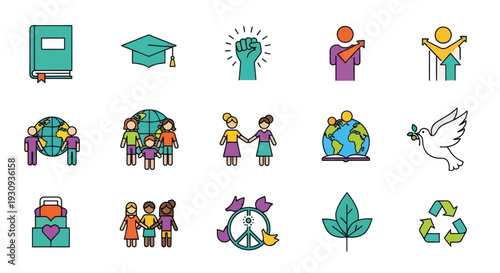 A colorful collection of line art icons representing human rights peace education diversity and environmental concepts.