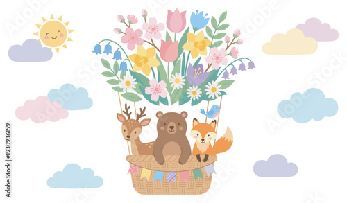 Adorable woodland animals embark on a whimsical journey in a vibrant floral hot air balloon under a smiling sun.