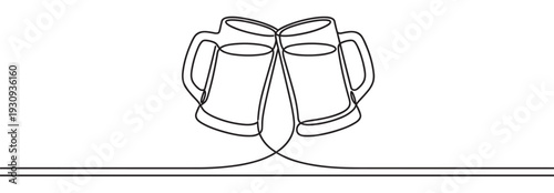 Two beer mugs clinking together in a continuous line art style, symbolizing celebration, friendship, and a festive atmosphere for a special occasion.