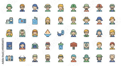 Set of Colorful Cartoon Avatars Featuring Diverse People with Various Hairstyles and Hats.